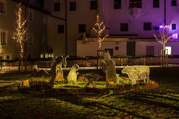 Eine beleuchtete Weihnachtskrippe aus Drahtfiguren zeigt eine Szene mit Tieren und Menschen. Die Installation ist nachts sichtbar und umgeben von festlicher Beleuchtung.