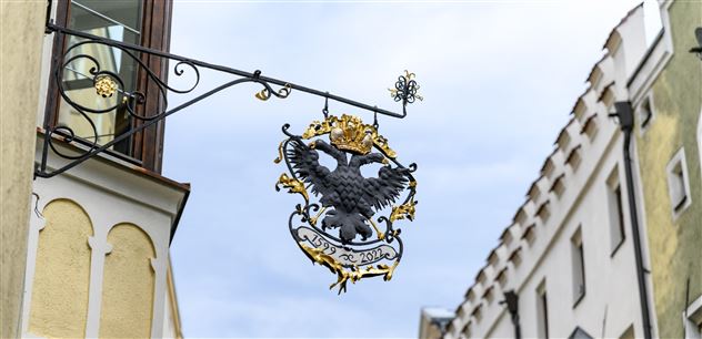 Ein dekoratives Wappenschild mit einem schwarzen Adler und einer Krone hängt über einer Straße. Hinter dem Schild sind alte Gebäude und ein bewölkter Himmel zu sehen.
