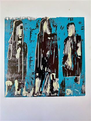 Three stylized figures stand against a bright blue background. Their black and white shapes create a high-contrast, modern impression.