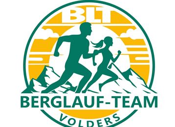 Ein Logo des Berglauf-Teams Volders mit der Abbildung von zwei Läufern vor einer Bergkulisse. Die Farben sind Gelb und Grün, mit den Buchstaben "BLT" oben im Design.