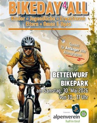 Een poster voor een evenement genaamd "Bikeday4All". Het is gericht op alle leeftijden en vindt plaats op 30 mei 2026 in het Bettelwurf Bikepark.