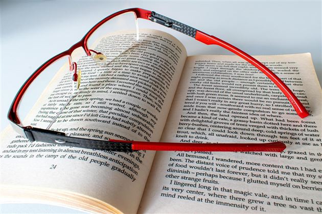 Eine Brille liegt auf einem offenen Buch. Die Seiten sind bedruckt und zeigen Text.