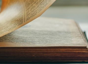 Een open boek met vergeelde pagina's. De pagina's tonen gedrukte tekst en een duidelijke, rustige textuur.