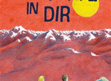 La copertina di un libro intitolato "Il posto dentro di te". Mostra due bambini seduti su una roccia che osservano le montagne e il sole sullo sfondo.