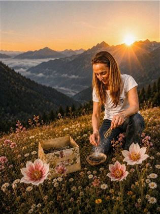 Eine Frau sitzt in einer blühenden Wiese und zündet etwas in einer Schale an. Im Hintergrund sind Berge und ein wunderschöner Sonnenuntergang zu sehen.