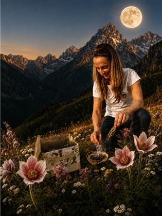 Eine Frau sitzt auf einer Blumenwiese in den Bergen und streut etwas aus einer Schale. Im Hintergrund leuchtet der Mond über den Gipfeln.