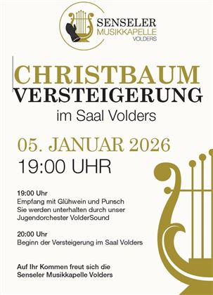 Ein Plakat für eine Christbaumversteigerung im Saal Volders. Die Veranstaltung findet am 5. Januar 2026 um 19:00 Uhr statt und bietet Glühwein, Punsch und musikalische Unterhaltung.