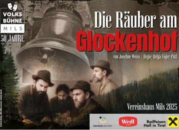 Une affiche pour la pièce de théâtre "Les voleurs au cloître". Elle montre quatre hommes en vêtements traditionnels ainsi qu'une grande cloche en arrière-plan.