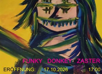 Une œuvre d'art colorée de Dimitri Holzinger avec une représentation abstraite d'un visage. Des informations sur l'inauguration d'une exposition à la Galerie Moto sont également incluses.