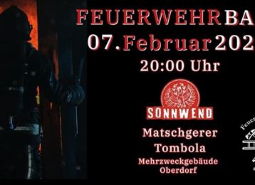Ein Plakat für den Feuerwehrball am 07. Februar 2026. Es zeigt einen Feuerwehrmann vor einem brennenden Hintergrund mit Details zum Event.