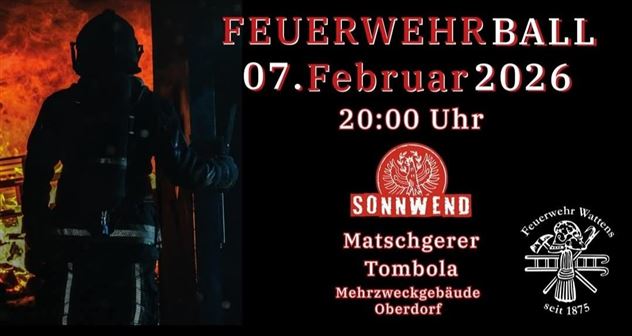 Ein Plakat für den Feuerwehrball am 07. Februar 2026. Es zeigt einen Feuerwehrmann vor einem brennenden Hintergrund mit Details zum Event.