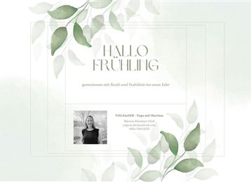 Ein frühlingshaftes Design mit sanften Farben und grünen Blättern. Der Text „Hallo Frühling“ und ein Foto sind ebenfalls abgebildet.