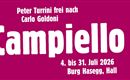 Das Bild zeigt ein Plakat für das Theaterstück "Campiello". Es findet vom 4. bis 31. Juli 2026 auf der Burg Hasegg statt.