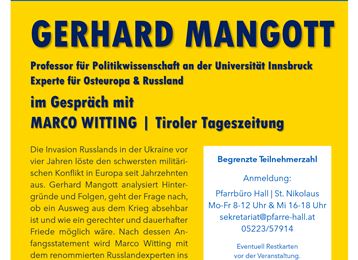 Une affiche publicitaire pour une table ronde sur la guerre en Ukraine. L'événement aura lieu le 26 février 2026 avec Gerhard Mangott et Marco Witting.
