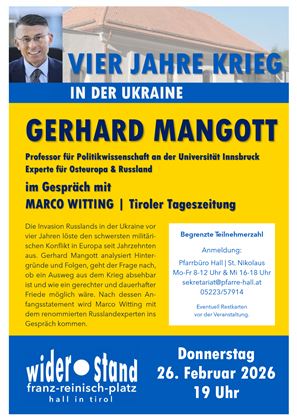 Un manifesto pubblicitario per un talk show sulla guerra in Ucraina. L'evento si svolgerà il 26 febbraio 2026 con Gerhard Mangott e Marco Witting.