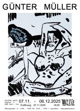 Un poster artistico di Günter Müller che mostra una figura stilizzata. Ci sono linee chiare e contrasti in bianco e nero.