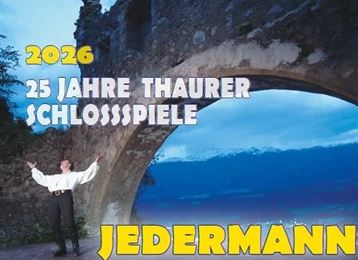 An actor in historical costumes stands under a large arch. In the background, mountains and a blue sky are visible, while text for an event is displayed.