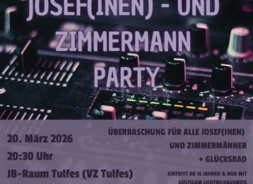 A poster for the Josef(inen) and Zimmermann party with a background of DJ equipment. The event takes place on March 20, 2026, in the JB room Tulfes.