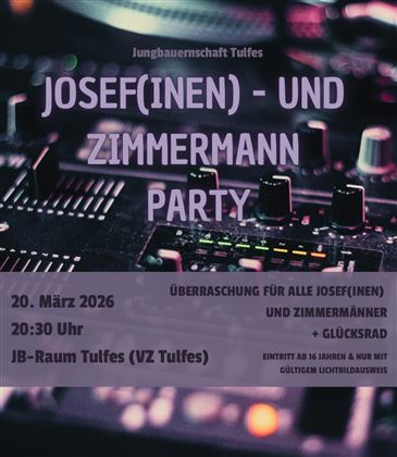 Une affiche pour la fête Josef(ine) et Zimmermann avec un fond de matériel DJ. L'événement aura lieu le 20 mars 2026 dans la salle JB Tulfes.