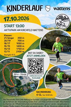 Un manifesto per la corsa dei bambini a Watten, che si svolgerà il 17 ottobre 2026. Mostra diverse categorie di corsa, informazioni per l'iscrizione e un codice QR.
