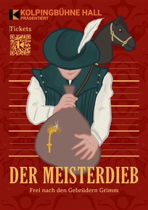 Un volantino colorato per l'opera "Il maestro ladro", basato sui Fratelli Grimm.  
Un uomo tiene un sacchetto e indossa un cappello, sullo sfondo si vede un cavallo.