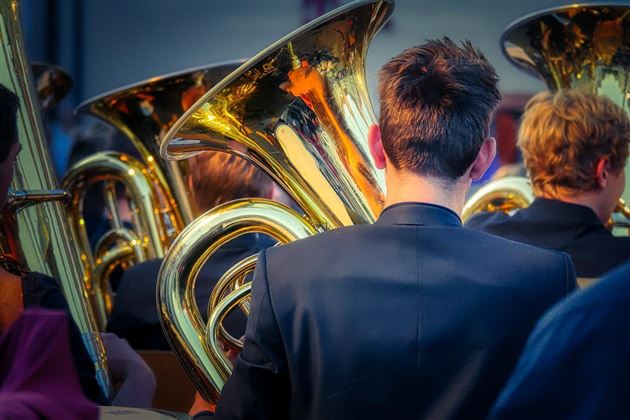 Eine Gruppe von Musikern spielt ihre Tubas. Die goldenen Instrumente glänzen im Licht.