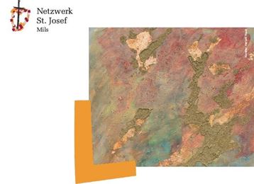 Una superficie d'arte astratta con tonalità colorate in colori terra. In alto a sinistra si trova un logo con la scritta "Rete San Giuseppe Mils".