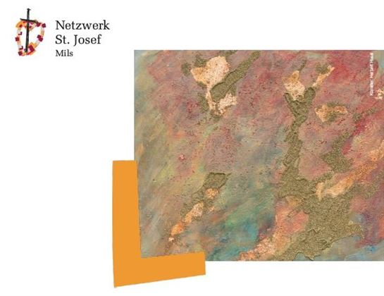 Una superficie d'arte astratta con tonalità colorate in colori terra. In alto a sinistra si trova un logo con la scritta "Rete San Giuseppe Mils".