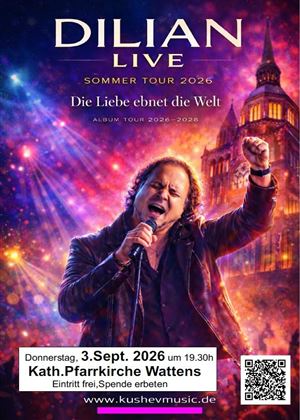 Ein Konzertplakat für die Sommer Tour 2026 von Dilian. Es zeigt den Künstler auf der Bühne vor einer bunten Hintergrundbeleuchtung.