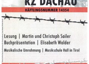 Een poster voor een evenement over het onderwerp concentratiekamp Dachau. Het evenement omvat lezingen en een boekpresentatie op 23 oktober 2025.