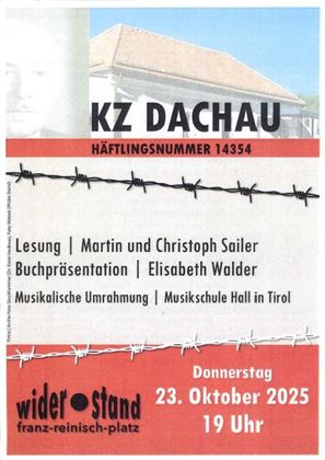 A poster for an event about the Dachau concentration camp. The event includes readings and a book presentation on October 23, 2025.