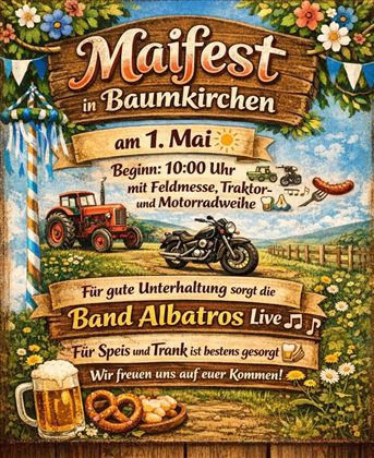 Een feestelijk poster voor het Maifest in Baumkirchen op 1 mei. Het toont een boerenlandschap met tractor, motorfiets en symbolen van eten en drinken.