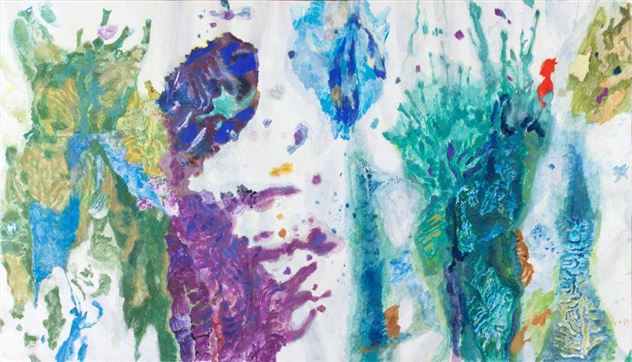 Ein abstraktes Kunstwerk mit lebendigen Farben und fließenden Formen. Die Farbpalette umfasst Blau-, Grün- und Lilatöne, die sich harmonisch vermischen.