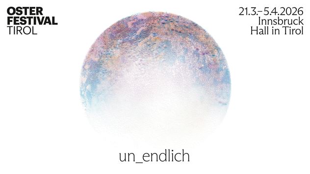 Une affiche graphique pour le festival de Pâques en Tirol. Elle montre une représentation artistique d'un motif rond et abstrait avec le texte "un_endlich" et les dates de l'événement.