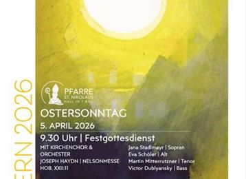 Een poster voor Pasen 2026 met informatie over de kerkdiensten. Het toont de tekst en de tijden voor de feestdienst en de paasdienst.