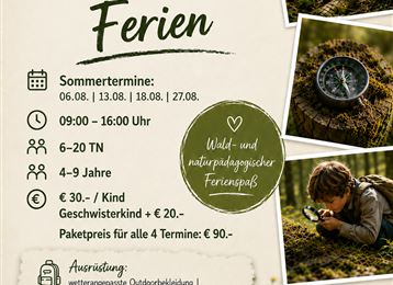 Un poster per una sfida all'aperto durante le vacanze. Contiene informazioni su date, prezzi e attività per bambini nel bosco.