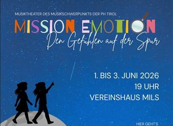 Ein buntes Plakat für ein Musiktheater mit dem Titel "Mission Emotion". Es zeigt zwei Figuren, die vor einem Weltraum-Hintergrund mit Planeten und Sternen stehen.