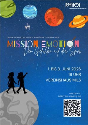 Une affiche colorée pour un théâtre musical intitulé "Mission Emotion". Elle montre deux personnages se tenant devant un arrière-plan spatial avec des planètes et des étoiles.