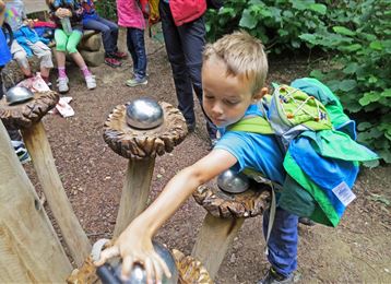A boy is playing with an interactive installation in the forest. In the background, more children can be seen, who are also involved.