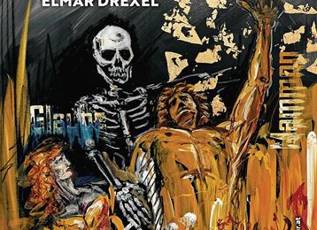 Een poster voor de voorstelling van "Jedermann" met een dramatisch kunstwerk. Het toont een doodskopfiguur en levendige kleuren die het thema van het stuk benadrukken.