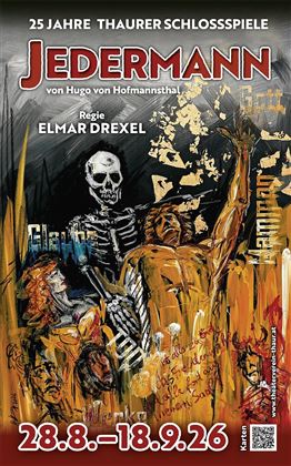 Een poster voor de voorstelling van "Jedermann" met een dramatisch kunstwerk. Het toont een doodskopfiguur en levendige kleuren die het thema van het stuk benadrukken.
