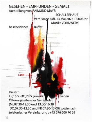 Une exposition intitulée « Vu - Ressenti - Peint » par Raimund Mayr. L'invitation contient des informations sur le vernissage, le buffet et les horaires d'ouverture.