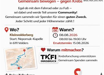 Eine Werbeanzeige für eine Veranstaltung namens "ride high - give hope", die Menschen dazu einlädt, sich mit dem Fahrrad oder zu Fuß zu beteiligen, um Spenden für die Krebsforschung zu sammeln. Das Event findet am 08.08.2026 in Kleinvolderberg statt und fördert Gemeinschaft und Unterstützung für einen guten Zweck.