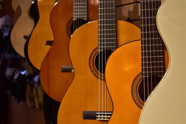 Mehrere akustische Gitarren hängen an einer Wand. Die Instrumente haben warme Holzfarben und verschiedene Designs.