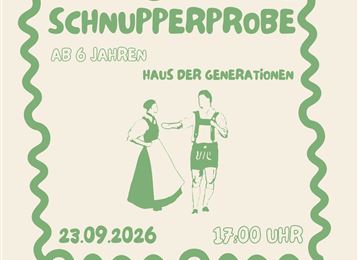 Eine Einladung zu einer Schnupperprobe im Haus der Generationen. Die Veranstaltung findet am 23.09.2026 um 17:00 Uhr statt und richtet sich an Kinder ab 6 Jahren.