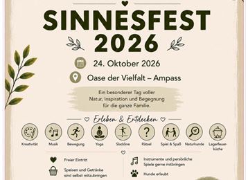 Un volantino per il festival familiare "Sinnesfest 2026" il 24 ottobre nell'Oasi della Diversità ad Ampass. La giornata promette natura, ispirazione e incontri per tutta la famiglia.