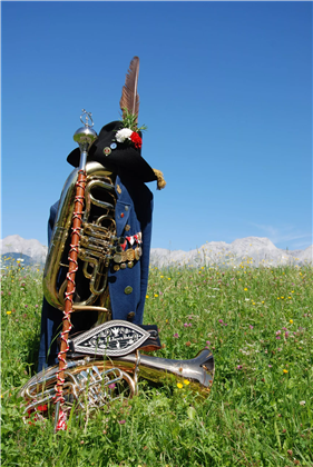 Una troupe con diversi strumenti a fiato è situata in un prato fiorito. Sullo sfondo si vedono montagne e un cielo blu chiaro.