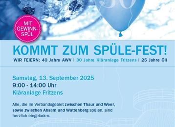 "Ein farbenfrohes Plakat für das Spüle-Fest mit blauen und weißen Luftballons. Das Fest feiert Jubiläen des Wasserversorgers und bietet verschiedene Aktivitäten und Gewinnspiele."