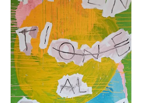 Ein lebendiges Kunstwerk mit bunten Farben und einer großen gelben Sonne. Der Text "ATTENZIONE AL CANE" ist in auffälligen Buchstaben platziert.