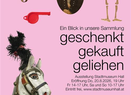 Une affiche colorée pour une exposition intitulée "offert, acheté, emprunté". Elle montre une collection d'objets tels qu'une figurine de cheval, un portrait et divers objets.